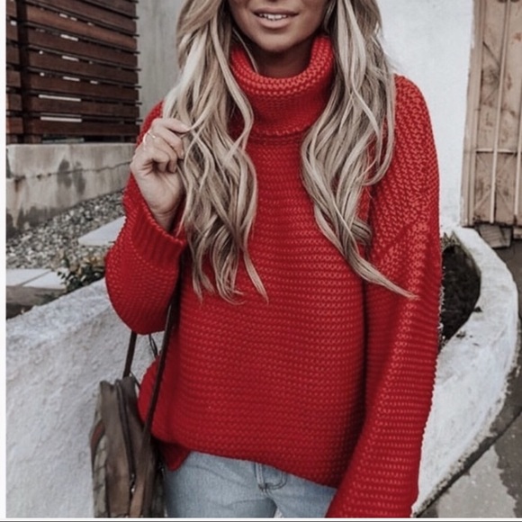 Red Knit Turtleneck Long Sleeve Oversized Sweater - Picture 3 of 7